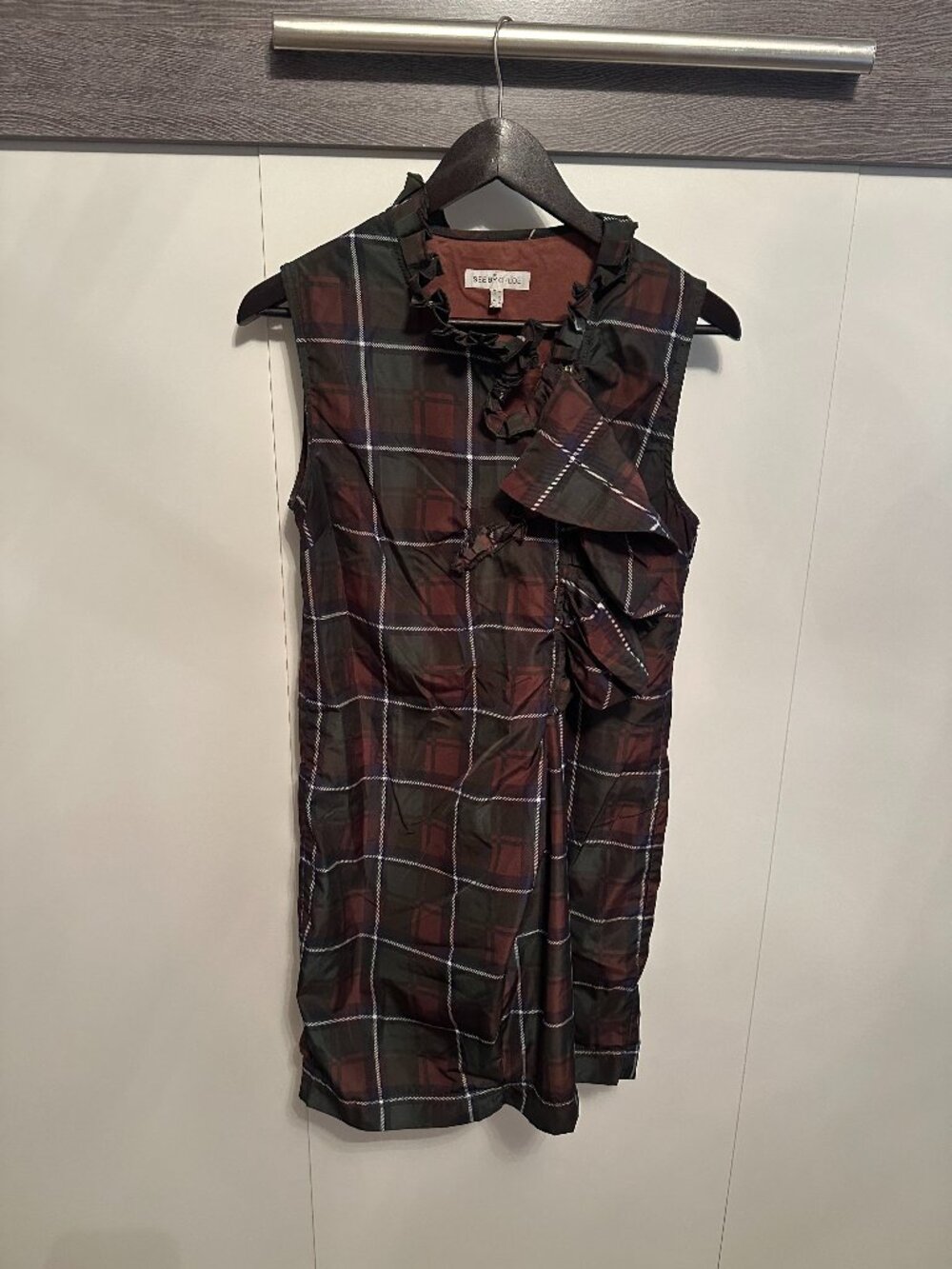 See by Chloé Plaid Ruffle Dress Size 40 US 4 Brown Green Burgundy Sleeveless